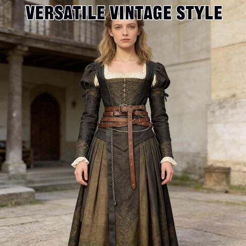 Medieval Belt Women, Leather Renaissance Belt Women, Retro Adjustable Thin Metal Chain Belts for Dress, Party, Festival, Cosplay (Brown) in Saudi Arabia