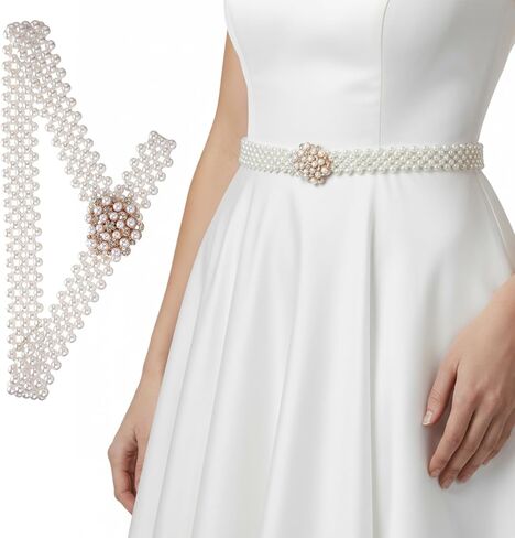 Pearl Belts for Women, Wide Fancy Crystal Pearl Belt for Wedding Dress Prom, Beaded Wedding Belt for Dress, Women Sparkly Bridesmaid Sash Belts Elegant Bride Accessory for Special Occasions in Kuwait
