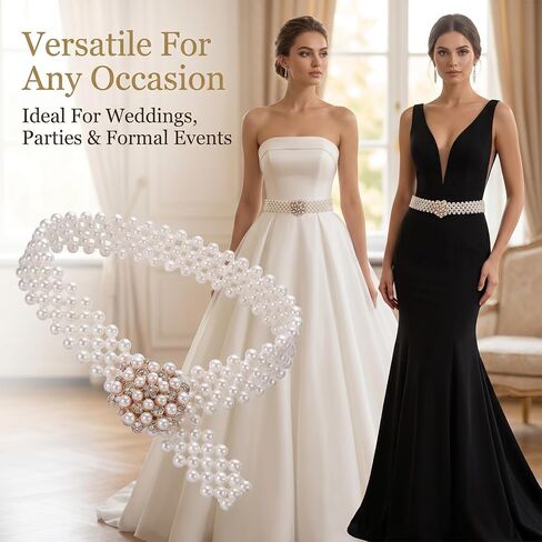 Pearl Belts for Women, Wide Fancy Crystal Pearl Belt for Wedding Dress Prom, Beaded Wedding Belt for Dress, Women Sparkly Bridesmaid Sash Belts Elegant Bride Accessory for Special Occasions in Kuwait