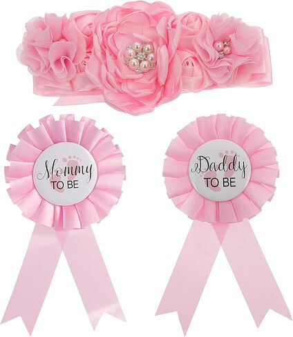Toddmomy Maternity Sash Belt and Mommy Daddy to Be Pins Set, Pink Floral Belly Band for Baby Shower Gender Reveal Party Decorations, Keepsake Photo Shoot Props Accessories, Chiffon in Kuwait