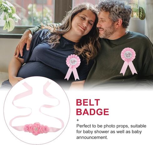 Toddmomy Maternity Sash Belt and Mommy Daddy to Be Pins Set, Pink Floral Belly Band for Baby Shower Gender Reveal Party Decorations, Keepsake Photo Shoot Props Accessories, Chiffon in Kuwait