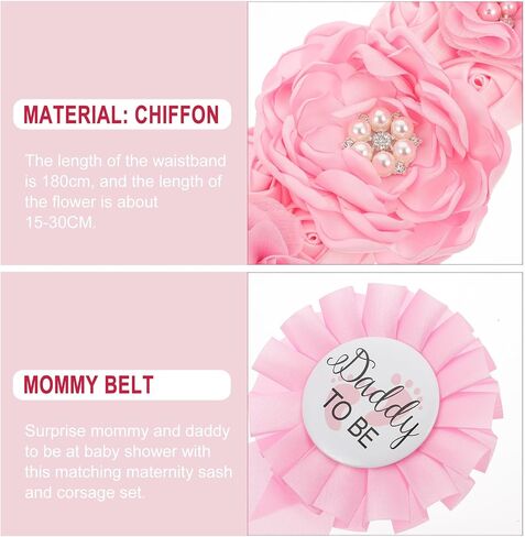 Toddmomy Maternity Sash Belt and Mommy Daddy to Be Pins Set, Pink Floral Belly Band for Baby Shower Gender Reveal Party Decorations, Keepsake Photo Shoot Props Accessories, Chiffon in Kuwait