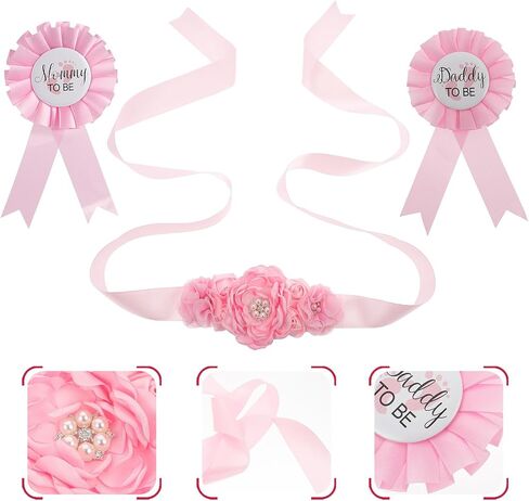 Toddmomy Maternity Sash Belt and Mommy Daddy to Be Pins Set, Pink Floral Belly Band for Baby Shower Gender Reveal Party Decorations, Keepsake Photo Shoot Props Accessories, Chiffon in Kuwait