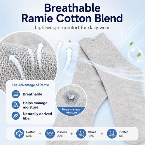 5 Pairs Diabetic Socks for Men Women Natural Ramie Cotton Blend Ankle Socks Non Binding Loose Fit Socks for Swollen Feet, Thin Breathable Neuropathy Socks With Seamless Toe in Saudi Arabia