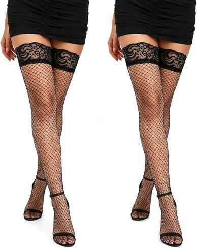 Women's Sexy Sparkly Rhinestone Fishnet Stockings - Lace Top Thigh HighHosiery for Party Clubwear in Kuwait