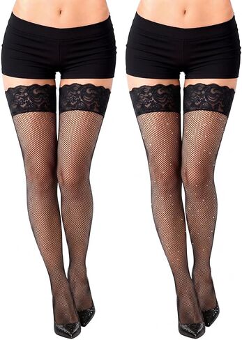 Women's Sexy Sparkly Rhinestone Fishnet Stockings - Lace Top Thigh HighHosiery for Party Clubwear in Kuwait