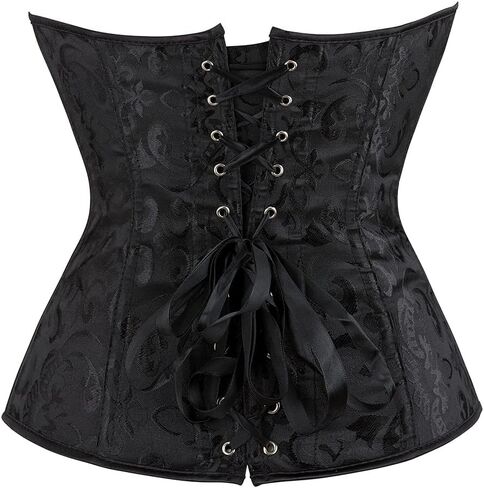 Eohak Women's Sexy Satin Corset-Bustier Floral Print Boned Overbust Corset Top Black Satin Waist Cincher in Kuwait