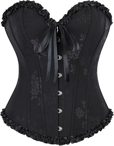 Eohak Women's Sexy Satin Corset-Bustier Floral Print Boned Overbust Corset Top Black Satin Waist Cincher in Kuwait