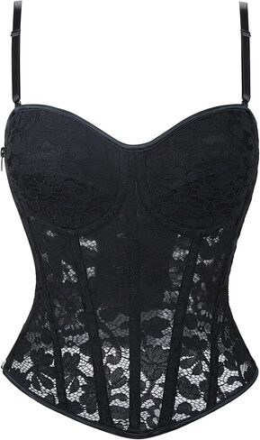 Eohak Women's Sexy Satin Corset-Bustier Floral Print Boned Overbust Corset Top Black Satin Waist Cincher in Kuwait