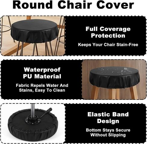 2Pcs Stool Covers Round, Waterproof Bar Stool Seat Covers with Elastic Bands, Round Chair Cover for Home Bar Hotel Market, Fit for 14-16 Inch Bars Chair (Black) in Kuwait