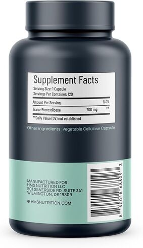 HMS Nutrition Trans‑Pterostilbene 200 mg — High Bioavailability Antioxidant for Healthy Aging, Cellular, Brain & Heart Support — Vegan, Non‑GMO, Soy‑Free, Gluten‑Free, 120 Capsules (120 Day Supply) in Saudi Arabia