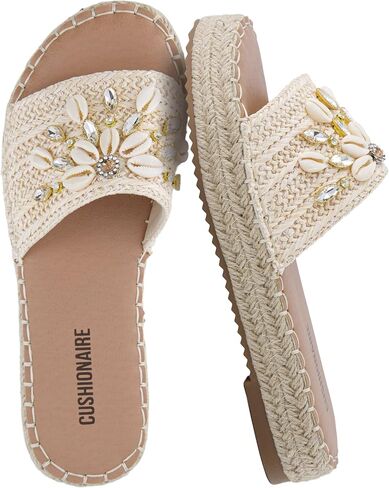صندل نسائي من CUSHIONAIRE Playa Espadrille ذو نعل سميك، مزين بصدفة زخرفية وشرائح نسائية بتفاصيل منسوجة من طراز بوهو in Kuwait