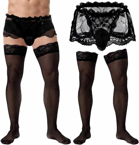2 Pcs Sissy Accessories Men's Panties Stockings Low Rise Lace Mesh Bow Lingerie Men's Sissy Outfit in Kuwait