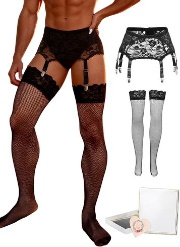 ohyeah Men's 6-Strap High-Waist Black Lace Garter Belt Fishnet Stockings Set Adjustable Suspenders Metal Clamps Garter Belts in Kuwait