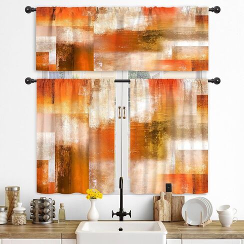 Riyidecor Burnt Orange Abstract Curtains and Valances 3 Piece Set Rod Pocket 36 Inch Short Modern Rustic Oil Painting Checkered Retro Simple Contemporary Bedroom Living Room Treatment Fabric in Kuwait