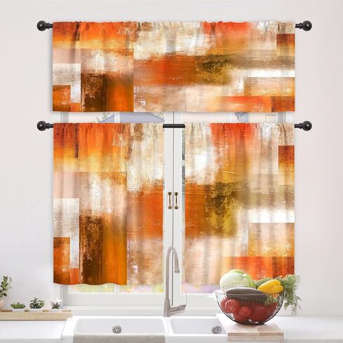 Riyidecor Burnt Orange Abstract Curtains and Valances 3 Piece Set Rod Pocket 36 Inch Short Modern Rustic Oil Painting Checkered Retro Simple Contemporary Bedroom Living Room Treatment Fabric in Kuwait