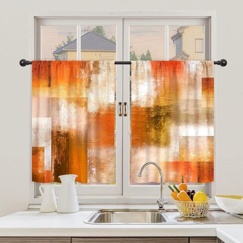 Riyidecor Burnt Orange Abstract Curtains and Valances 3 Piece Set Rod Pocket 36 Inch Short Modern Rustic Oil Painting Checkered Retro Simple Contemporary Bedroom Living Room Treatment Fabric in Kuwait