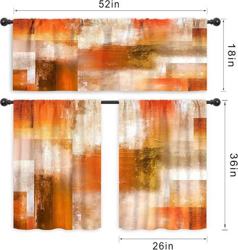 Riyidecor Burnt Orange Abstract Curtains and Valances 3 Piece Set Rod Pocket 36 Inch Short Modern Rustic Oil Painting Checkered Retro Simple Contemporary Bedroom Living Room Treatment Fabric in Kuwait