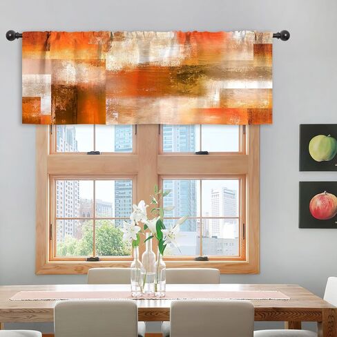 Riyidecor Burnt Orange Abstract Curtains and Valances 3 Piece Set Rod Pocket 36 Inch Short Modern Rustic Oil Painting Checkered Retro Simple Contemporary Bedroom Living Room Treatment Fabric in Kuwait