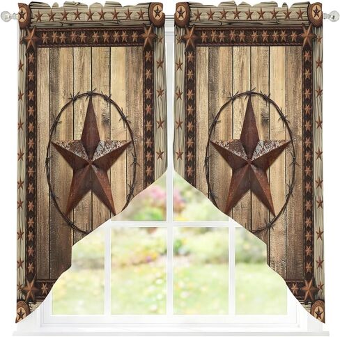 Western Farmhouse Swag Curtains 36 Inch Length 2 Panels Set,Primitive Rustic Country Retro Texas Star Semi-Sheer Curtain Drapes Rod Pocket Valance For Kitchen,Living Room,Bedroom,Cafe Window 56"Wx36"L in Saudi Arabia
