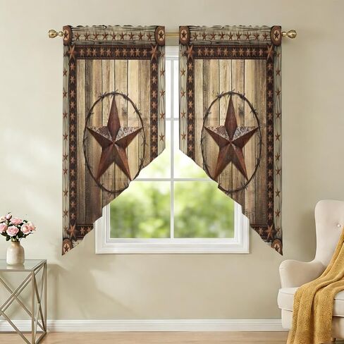 Western Farmhouse Swag Curtains 36 Inch Length 2 Panels Set,Primitive Rustic Country Retro Texas Star Semi-Sheer Curtain Drapes Rod Pocket Valance For Kitchen,Living Room,Bedroom,Cafe Window 56"Wx36"L in Saudi Arabia