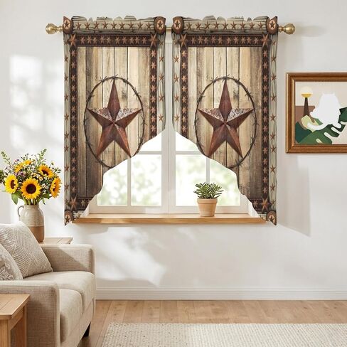 Western Farmhouse Swag Curtains 36 Inch Length 2 Panels Set,Primitive Rustic Country Retro Texas Star Semi-Sheer Curtain Drapes Rod Pocket Valance For Kitchen,Living Room,Bedroom,Cafe Window 56"Wx36"L in Saudi Arabia