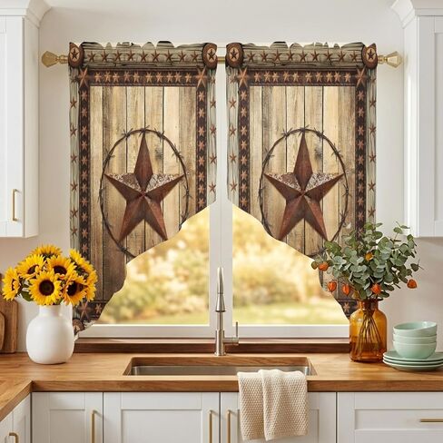 Western Farmhouse Swag Curtains 36 Inch Length 2 Panels Set,Primitive Rustic Country Retro Texas Star Semi-Sheer Curtain Drapes Rod Pocket Valance For Kitchen,Living Room,Bedroom,Cafe Window 56"Wx36"L in Saudi Arabia