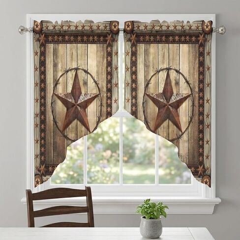 Western Farmhouse Swag Curtains 36 Inch Length 2 Panels Set,Primitive Rustic Country Retro Texas Star Semi-Sheer Curtain Drapes Rod Pocket Valance For Kitchen,Living Room,Bedroom,Cafe Window 56"Wx36"L in Saudi Arabia