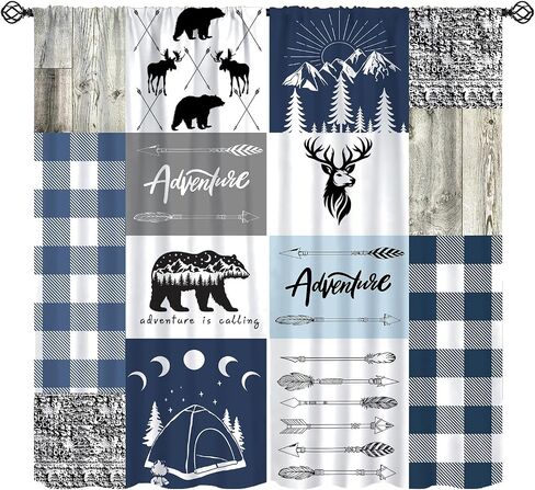 Cabin Curtains, Moose Bear Animal Blue Navy White Plaid Woodland Cabin Farmhouse Window Treatments, Rod Pocket Thermal Insulated Drapes 2 Panel Sets for Bedroom Living Room, 42"W X 45"L【Decor】 in Saudi Arabia