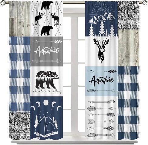 Cabin Curtains, Moose Bear Animal Blue Navy White Plaid Woodland Cabin Farmhouse Window Treatments, Rod Pocket Thermal Insulated Drapes 2 Panel Sets for Bedroom Living Room, 42"W X 45"L【Decor】 in Saudi Arabia