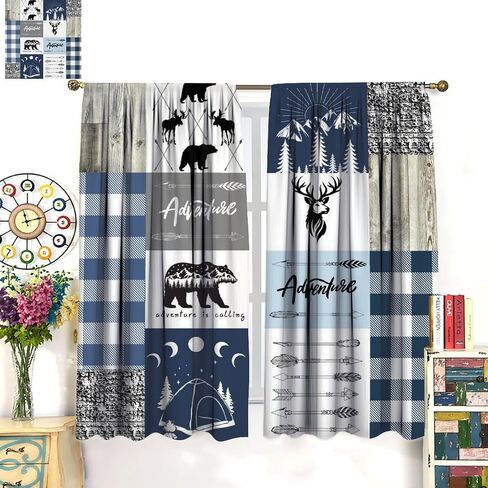 Cabin Curtains, Moose Bear Animal Blue Navy White Plaid Woodland Cabin Farmhouse Window Treatments, Rod Pocket Thermal Insulated Drapes 2 Panel Sets for Bedroom Living Room, 42"W X 45"L【Decor】 in Saudi Arabia