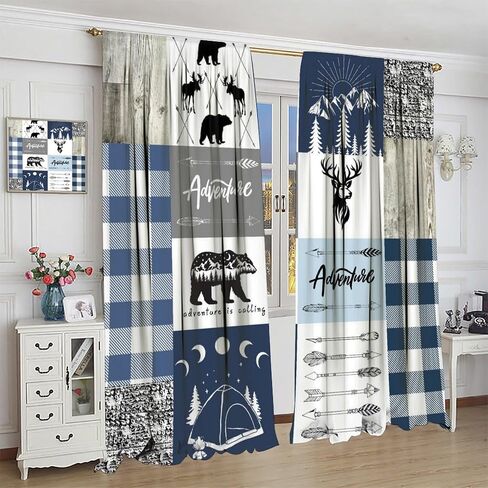 Cabin Curtains, Moose Bear Animal Blue Navy White Plaid Woodland Cabin Farmhouse Window Treatments, Rod Pocket Thermal Insulated Drapes 2 Panel Sets for Bedroom Living Room, 42"W X 45"L【Decor】 in Saudi Arabia