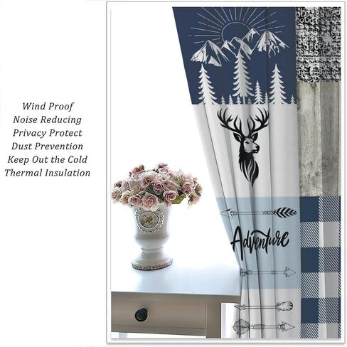 Cabin Curtains, Moose Bear Animal Blue Navy White Plaid Woodland Cabin Farmhouse Window Treatments, Rod Pocket Thermal Insulated Drapes 2 Panel Sets for Bedroom Living Room, 42"W X 45"L【Decor】 in Saudi Arabia