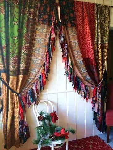 2 PCS of Indian Silk Saree Curtain Window Boho Gypsy Hippy Bohemian Wall Hanging Hippy Room Decor Curtain, Pack of 1 in Saudi Arabia