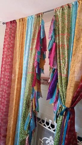 2 PCS of Indian Silk Saree Curtain Window Boho Gypsy Hippy Bohemian Wall Hanging Hippy Room Decor Curtain, Pack of 1 in Saudi Arabia
