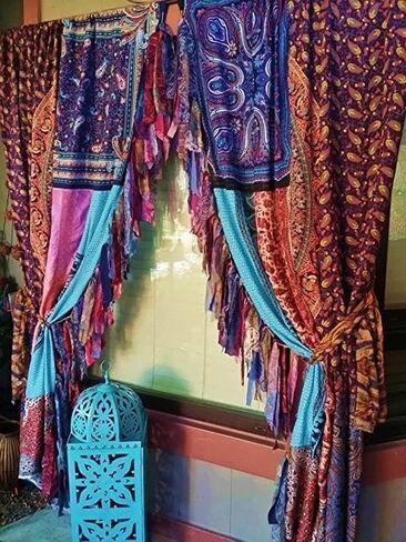 2 PCS of Indian Silk Saree Curtain Window Boho Gypsy Hippy Bohemian Wall Hanging Hippy Room Decor Curtain, Pack of 1 in Saudi Arabia