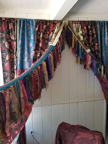 2 PCS of Indian Silk Saree Curtain Window Boho Gypsy Hippy Bohemian Wall Hanging Hippy Room Decor Curtain, Pack of 1 in Saudi Arabia