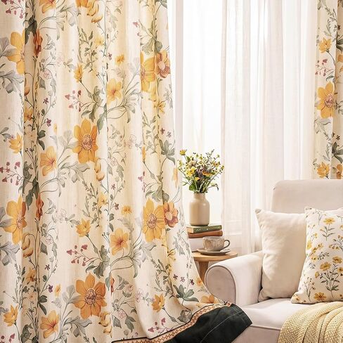 bilin gaier Linen Floral Semi-Blackout Curtains 2-Piece Set,Window Curtains with Metal Grommets,Home Decor Drapes for Living Room,Farmhouse,Dining Room (Each Panel: 94 in X 65 in) - Flowershadow A in Saudi Arabia