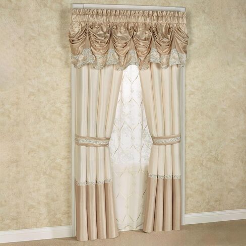 Luxury Elegante Sophisticated Polyester Faux Silk Window Treatment | Light Cream Ivory Metallic Gold | Shimmering Sequins Embroidery Floral | 2 Piece Set with Tuck Valance and 84L Curtain Pair in Kuwait