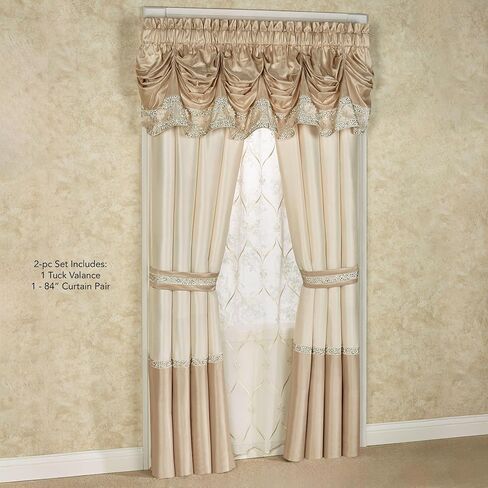 Luxury Elegante Sophisticated Polyester Faux Silk Window Treatment | Light Cream Ivory Metallic Gold | Shimmering Sequins Embroidery Floral | 2 Piece Set with Tuck Valance and 84L Curtain Pair in Kuwait