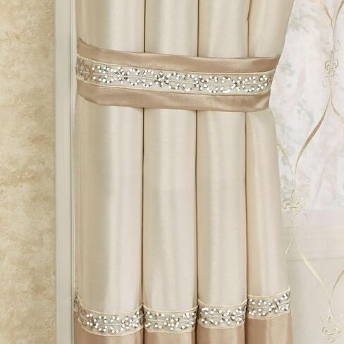 Luxury Elegante Sophisticated Polyester Faux Silk Window Treatment | Light Cream Ivory Metallic Gold | Shimmering Sequins Embroidery Floral | 2 Piece Set with Tuck Valance and 84L Curtain Pair in Kuwait