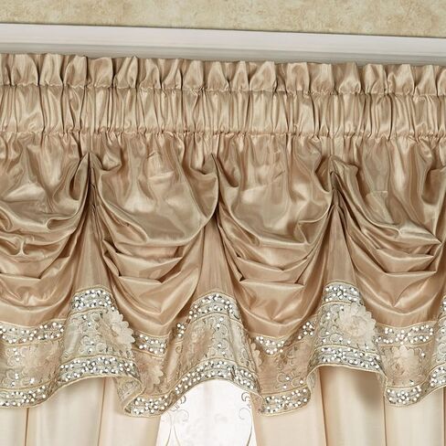 Luxury Elegante Sophisticated Polyester Faux Silk Window Treatment | Light Cream Ivory Metallic Gold | Shimmering Sequins Embroidery Floral | 2 Piece Set with Tuck Valance and 84L Curtain Pair in Kuwait