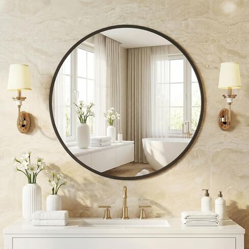 NEWBULIG 20 Inch Round Wall Mirror, Bathroom Mirrors for Over Sink, Matte Metal Framed Circle Vanity Mirror, Wall Decor for Bedroom, Entryway, Anti-Rust, Tempered Glass, Hanging or Leaning, Black in Kuwait