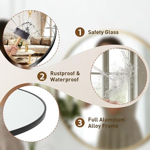 NEWBULIG 20 Inch Round Wall Mirror, Bathroom Mirrors for Over Sink, Matte Metal Framed Circle Vanity Mirror, Wall Decor for Bedroom, Entryway, Anti-Rust, Tempered Glass, Hanging or Leaning, Black in Kuwait