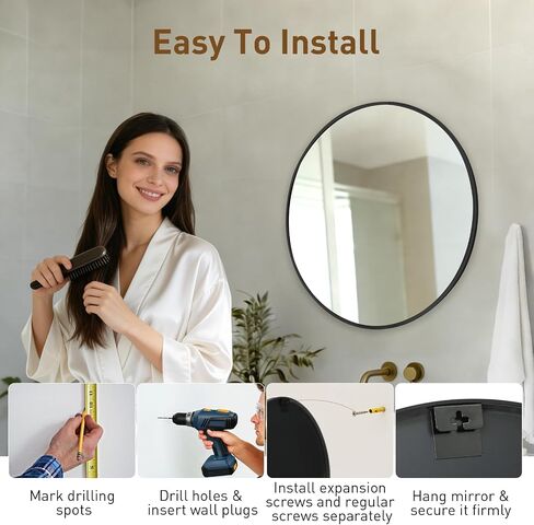 NEWBULIG 20 Inch Round Wall Mirror, Bathroom Mirrors for Over Sink, Matte Metal Framed Circle Vanity Mirror, Wall Decor for Bedroom, Entryway, Anti-Rust, Tempered Glass, Hanging or Leaning, Black in Kuwait