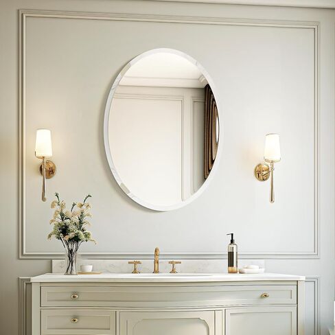 USHOWER Bathroom Mirror for Over Sink, 20x28 Inch Oval Frameless Mirror, Beveled and Polished, Decorative Wall Mirror for Bathroom, Bedroom, Vanity, Entryway, Modern and Elegant in Saudi Arabia