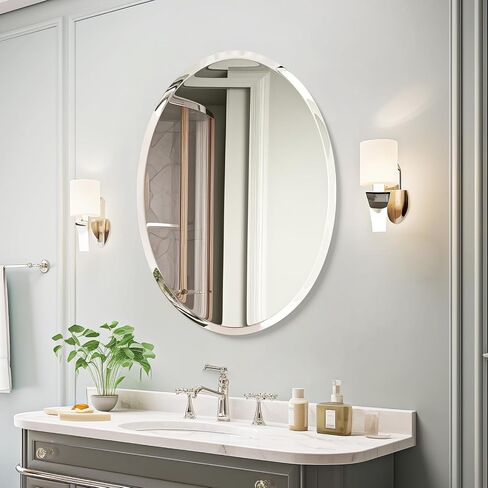 USHOWER Bathroom Mirror for Over Sink, 20x28 Inch Oval Frameless Mirror, Beveled and Polished, Decorative Wall Mirror for Bathroom, Bedroom, Vanity, Entryway, Modern and Elegant in Saudi Arabia