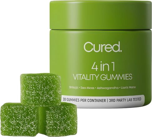 Cured 4 in 1 Gummies for Vitality with Pure Himalayan Shilajit for Men & Women, Lions Mane Mushroom, and Sea Moss Ashwagandha Supplements | Vegan & Non-GMO Neuropathy Supplements | Made in America in Saudi Arabia