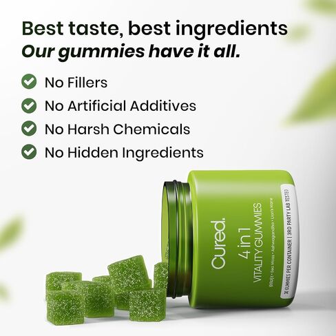 Cured 4 in 1 Gummies for Vitality with Pure Himalayan Shilajit for Men & Women, Lions Mane Mushroom, and Sea Moss Ashwagandha Supplements | Vegan & Non-GMO Neuropathy Supplements | Made in America in Saudi Arabia