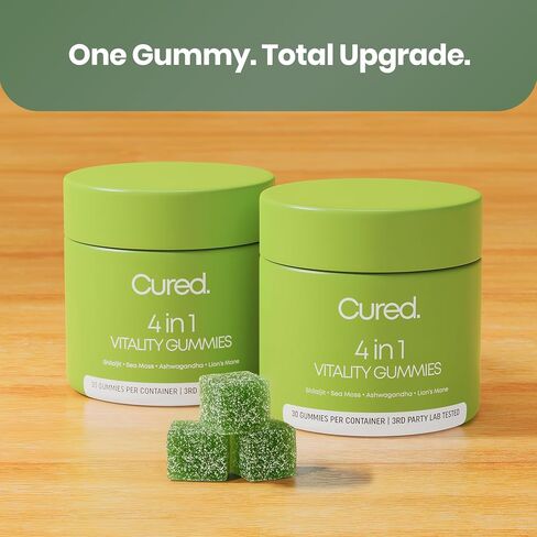 Cured 4 in 1 Gummies for Vitality with Pure Himalayan Shilajit for Men & Women, Lions Mane Mushroom, and Sea Moss Ashwagandha Supplements | Vegan & Non-GMO Neuropathy Supplements | Made in America in Saudi Arabia
